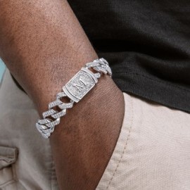 12mm 8" Initial Letter Iced Prong Cuban Bracelet in White Gold