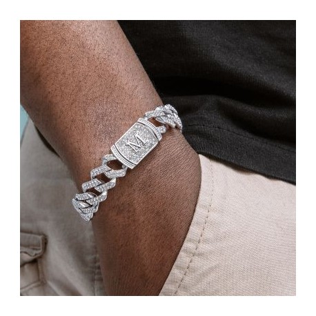 12mm 8" Initial Letter Iced Prong Cuban Bracelet in White Gold