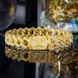 12mm 8" Initial Letter Iced Prong Cuban Bracelet in Gold
