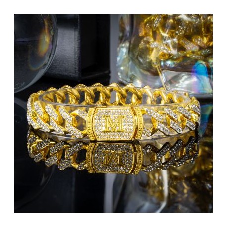 12mm 8" Initial Letter Iced Prong Cuban Bracelet in Gold