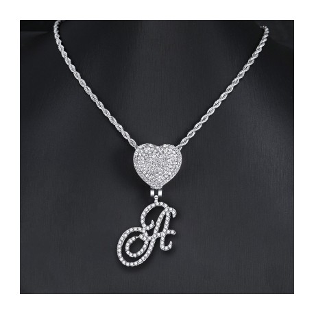 Iced Love Buckle Cursive Initial Letter Pendant in White Gold