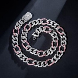 13mm Pink Iced Figaro Chain in White Gold