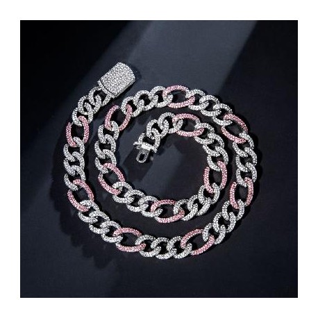 13mm Pink Iced Figaro Chain in White Gold