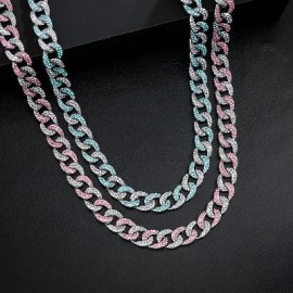 12mm Iced Blue/Pink Curb Chain in White Gold