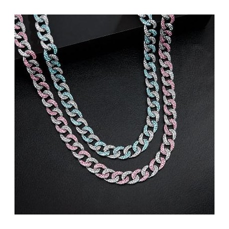 12mm Iced Blue/Pink Curb Chain in White Gold