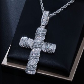 Iced Baguette Cut Cross Pendant in White Gold