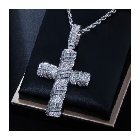 Iced Baguette Cut Cross Pendant in White Gold
