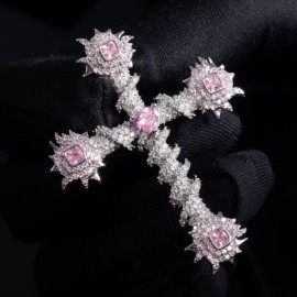 Iced Pink Heart Cross of Thorns Pendant