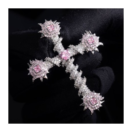 Iced Pink Heart Cross of Thorns Pendant