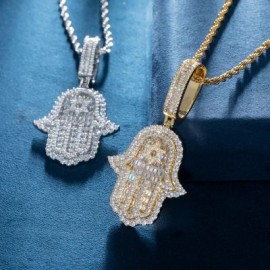 Iced Baguette Cut Hamsa Pendant