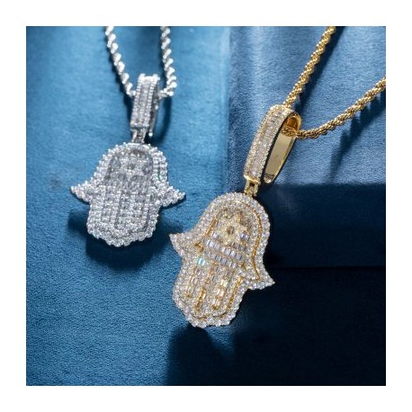 Iced Baguette Cut Hamsa Pendant