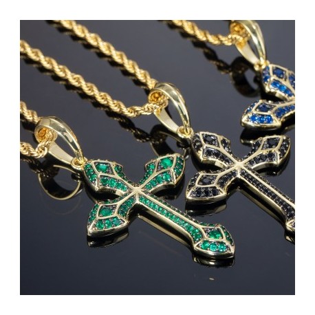Iced Emerald/Purple/Blue/Black Cross Pendant in Gold