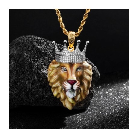Hand-painted Enamel Iced King Crown Lion Pendant