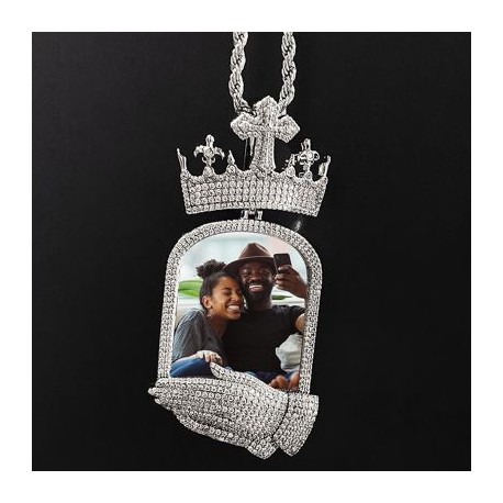 Iced Out Cross Crown Praying Hands Custom Photo Pendant