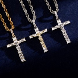 Iced Baguette Cut Crucifix Cross Pendant