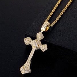 Iced Baguette Cut Cross Pendant in Gold