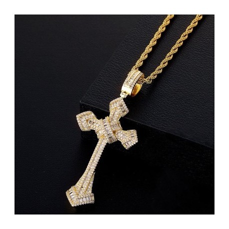 Iced Baguette Cut Cross Pendant in Gold