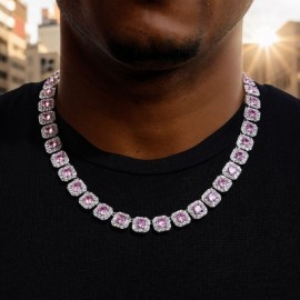 12mm Handset Pink Clustered Tennis Chain in White Gold