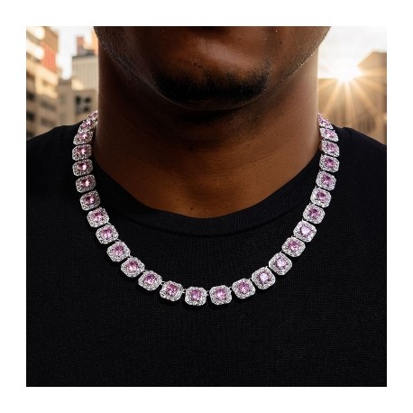 12mm Handset Pink Clustered Tennis Chain in White Gold
