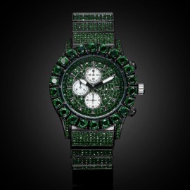 Iced Emerald Round Cut Luminous Men's Watch in Black Gold