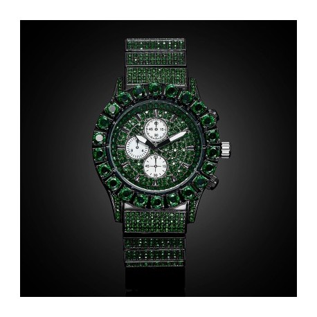 Iced Emerald Round Cut Luminous Men's Watch in Black Gold