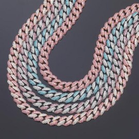 12mm Pink/Blue Micro Paved Cuban Chain