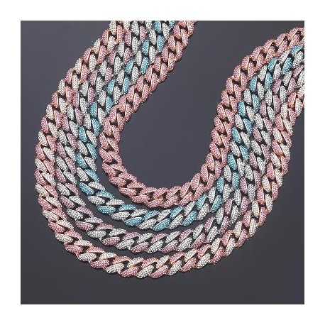 12mm Pink/Blue Micro Paved Cuban Chain
