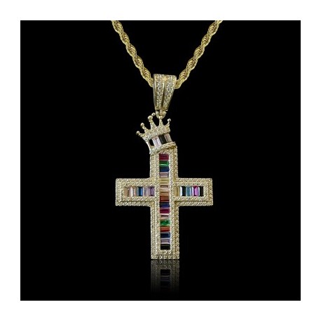 Multicolor Baguette Cut Crown Cross Pendant