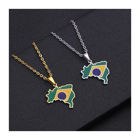 Brazil Map Flag Enamel Stainless Steel Pendant
