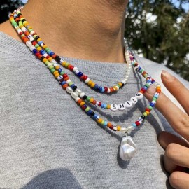 Colored Multi-layer Special-shaped Pearl Letter Millet Bead Necklace