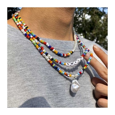 Colored Multi-layer Special-shaped Pearl Letter Millet Bead Necklace