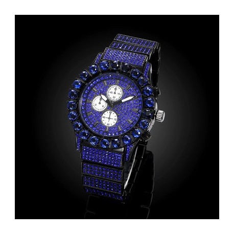 Iced Sapphire Round Cut Luminous Men's Watch in Black Gold