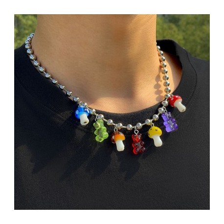 Colorful Acrylic Bear Mushroom Pendant Necklace