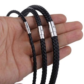 4mm/6mm/7mm Men's Black Braided Rope Leather Necklace Choker with Magnetic Clasp