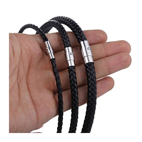 4mm/6mm/7mm Men's Black Braided Rope Leather Necklace Choker with Magnetic Clasp