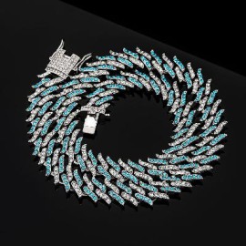 14mm Blue&White Iced Spiked Cuban Chain in White Gold