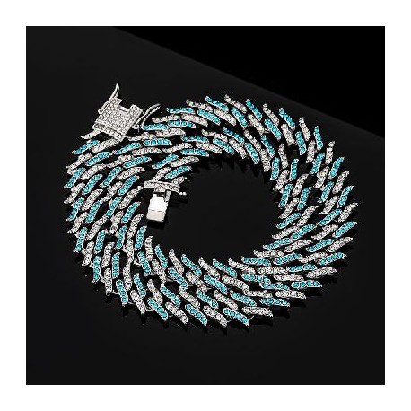 14mm Blue&White Iced Spiked Cuban Chain in White Gold