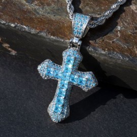 Iced Blue/Red Princess Cut Cross Pendant in White Gold