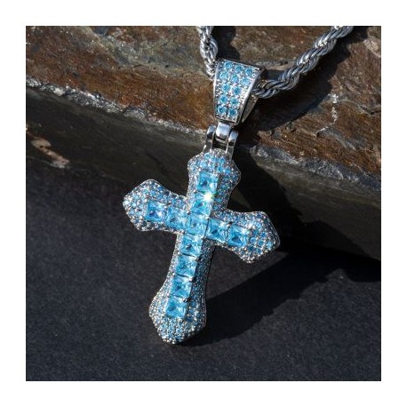 Iced Blue/Red Princess Cut Cross Pendant in White Gold