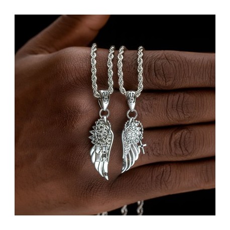 2pcs Couple Iced Angel Wings with Cross Pendant