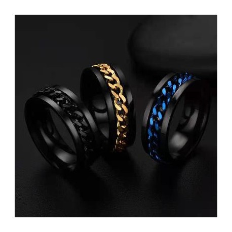Rotating Titanium Steel Cuban Chain Fidget Ring in Black Gold