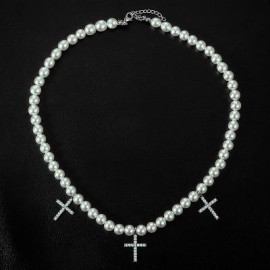 Iced Cross Pendant Pearl Necklace