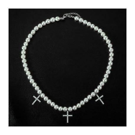 Iced Cross Pendant Pearl Necklace
