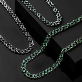 11mm Emerald & Black Baguette Cut Cuban Chain in Black Gold