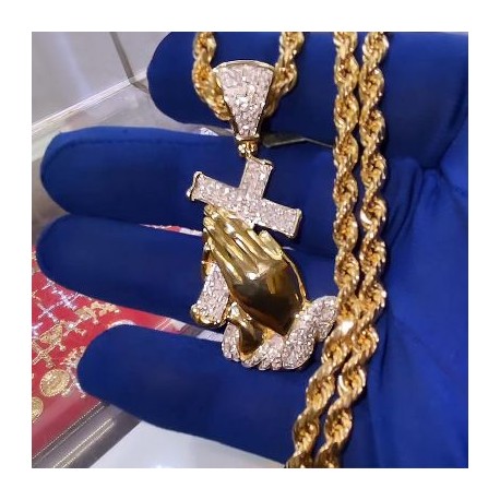 Iced Praying Hands Cross Jesus Pendant
