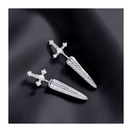 Sword Engraved Grid Pattern Stud Earrings