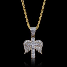Iced Angel Wings Cross Pendant in Gold