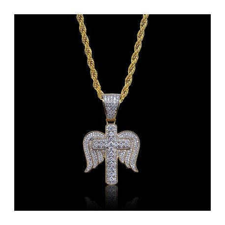 Iced Angel Wings Cross Pendant in Gold