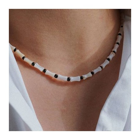 White Shell Bamboo Joint Black Beaded Necklace