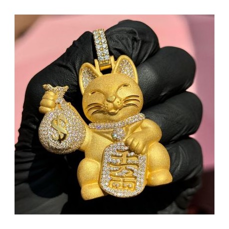 Maneki-neko with a Iced money bag pendant in 18K gold plated